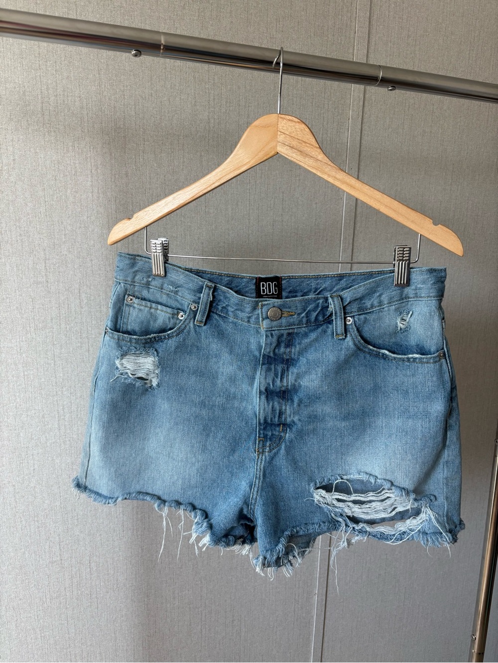 BDG Light Wash Distressed Denim Shorts